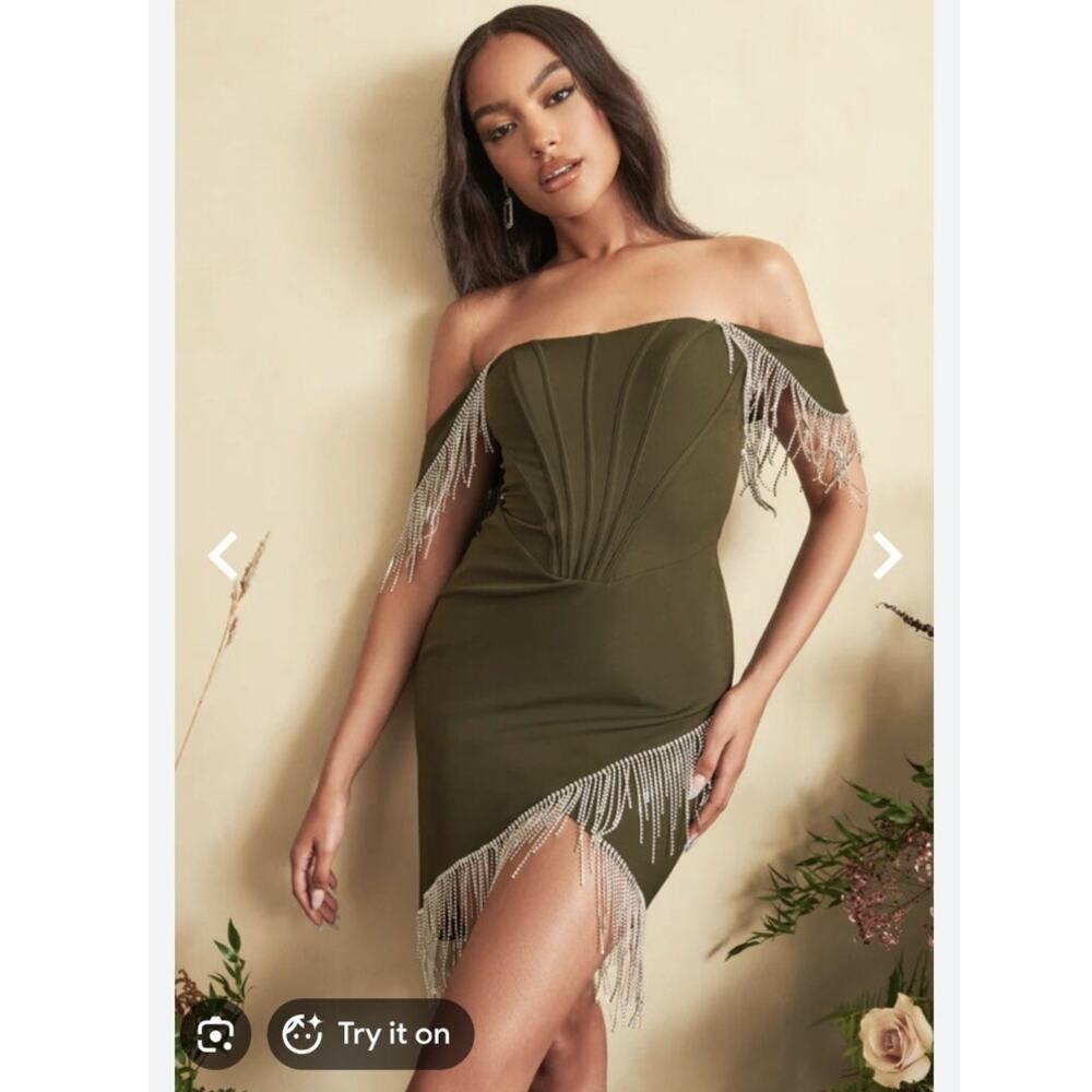 Lavish Alice Bardot Corset Mini Dress Beaded Fringe 8 Prom Swiftie Bling Khaki